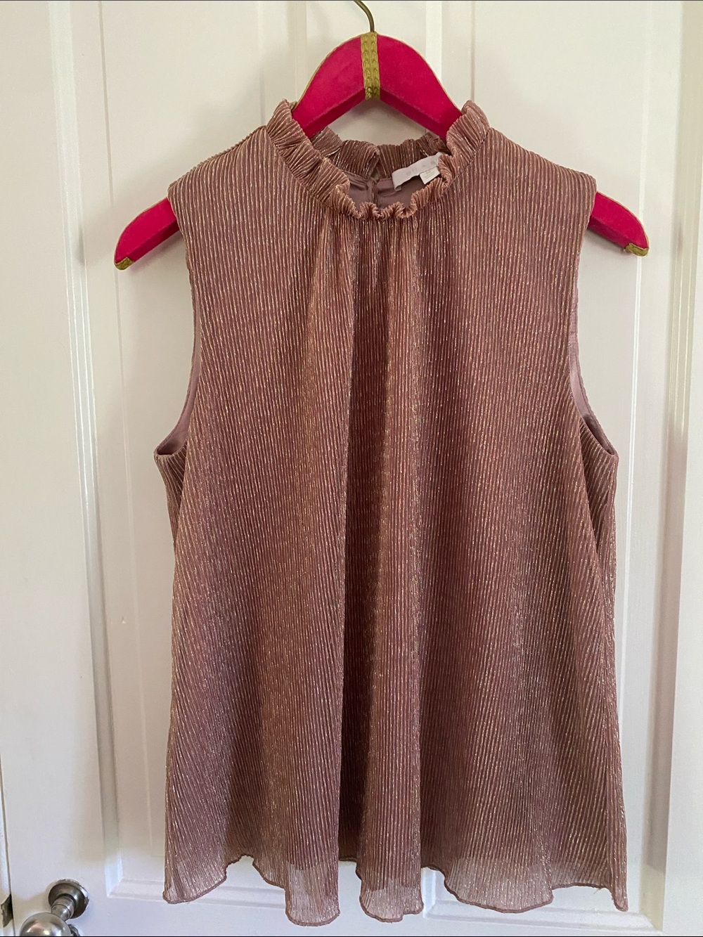 Sleeveless Metallic Mauve Ruffle-Neck Blouse